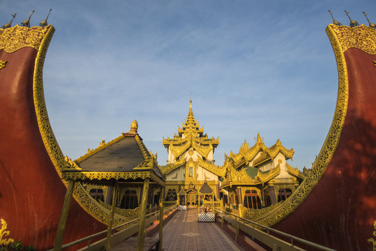 Yangon, Myanmar (Burma). The facade of the Karaweik Hall restaurant on the banks of Kandawgyi lake.
