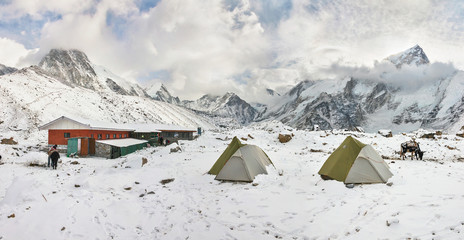 Panorama of the Gorak Shep village after night snow storm.  Everest Base Camp on background - Nepal, Himalaya © vadim_petrakov