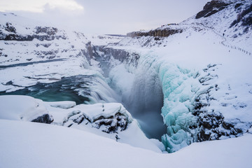 Iceland, Europe. Frozen Gullfoss waterfall in wintertime.