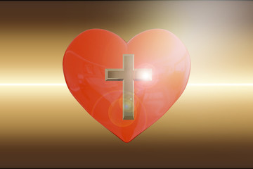 3D rendering of heart with golden cross on abstract background