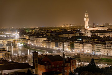 aerial view at night of the Renaissance city of Florence in Italy