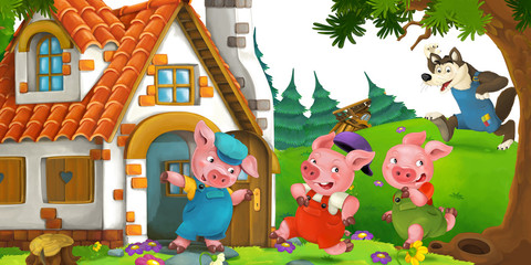 cartoon scene with pigs escaping from wolf to a cottage
