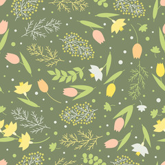 Seamless pattern. Flower spring background. Green branches and leaves, narcissus, snowdrop, mimosa and tulips on a green background, vector illustration.