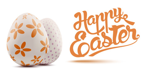 Holy Easter holiday colorful postcard with decorated eggs on white background, vector realistic illustration