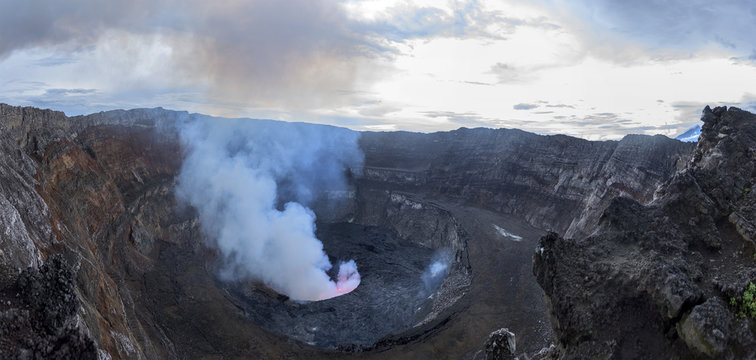 Crater of nyiragongo volcano in eruption