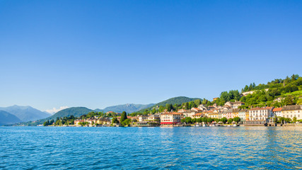 View of Motta square on Orta San Giulio from a touristic boat, Lake Orta, Piedmont, Italy