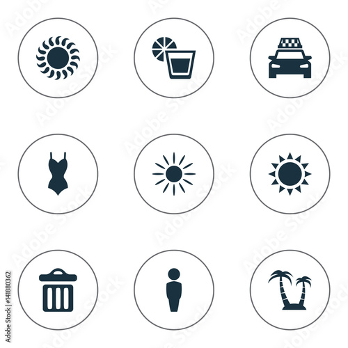 Vector Ilration Set Of Simple Seaside Icons Elements Vector Ilration Set Of Simple Seaside Icons Elements Garbage Sun And Other Synonyms Palm Woman Beachwear