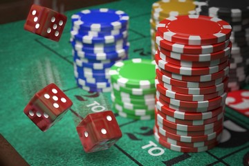 3D rendered illustration of dice and casino chips. Gambling concept.
