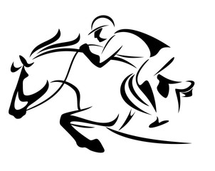 Naklejki  emblemat skoków przez przeszkody - czarno-biały kontur wektorowy konia i dżokeja
