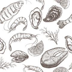 Hand drawn seafood vector seamless pattern - 141882916