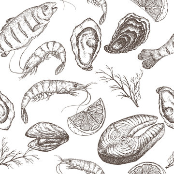 Hand drawn seafood vector seamless pattern