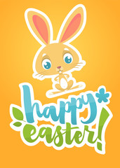 Happy Easter lettering card with cartoon bunny rabbit. Hand drawn lettering poster for Easter. Modern calligraphy vector
