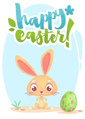 Happy Easter lettering card with cartoon bunny rabbit. Hand drawn lettering poster for Easter. Modern calligraphy vector