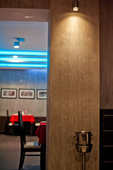 Glasses in a black and red restaurant. Serving tables with cafe