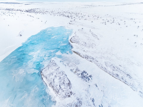 Snow and icy landscape, drone view