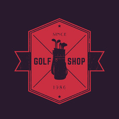 Golf shop, vintage emblem, vector logo with golf bag and clubs, vector illustration