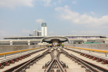 Fototapeta premium Blurred photo of railway or track on viaduct to sky train of sky train