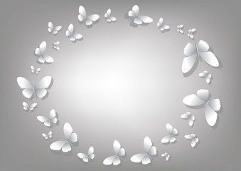 Abstract light gray background with white paper butterflies