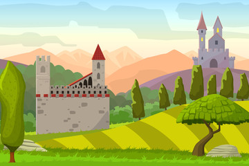 Obraz na płótnie Canvas Castles on hills medieval landscape,vector cartoon illustration