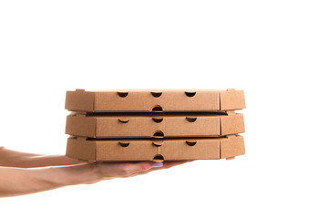 Pizza delivery, pizza box with hand , isolated on white background