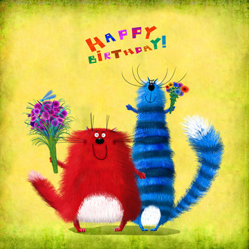 Birthday Card Cats Friends Holding Flowers