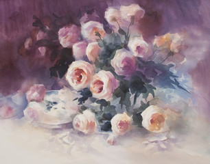 bright roses in the dark background watercolor