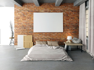 Mock up poster in bedroom interior. Bedroom hipster style. 3d illustration