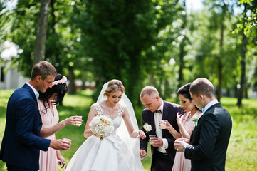 Wedding couple cheering champagne glasses with bridesmaids and best man at park.