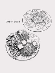 shabu set objects drawing graphic design objects..pork / vegetables set. happy meal for family