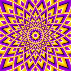 Yellow and purple background with flower in techno style. Optical expansion illusion.