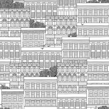Hand drawn seamless pattern of Norwegian style houses