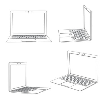 Computer portatile - laptop, viste multiple, frontale e laterali, illustrazione vettoriale di linee grigie sullo sfondo bianco