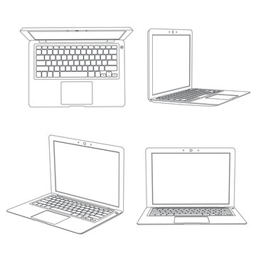 Computer portatile- laptop, viste multiple, frontale, dall'alto e laterali, illustrazione vettoriale di linee grigie sullo sfondo bianco