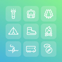 Camping line icons set, backpack, hike, trekking, forest, compass, tent, fishing, camper