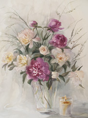 bouquet of color peonies with candle watercolor