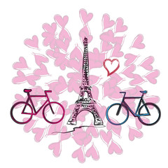 Two bicycles on the background of the Eiffel Tower, drawing