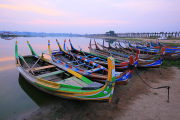 Fototapeta na wymiar Boat service for tourists in U Bein Bridge Mandalay Myanmar