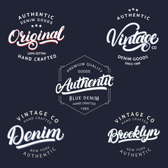Set of Vintage, Brooklyn, Denim, Original and Authenic hand written lettering for label, badge, tee print.