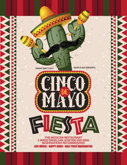 Cinco De Mayo sombrero, chili pepper, cactus and maracas festive design. For celebration of the Mexican holiday on May 5. EPS 10 vector.