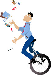 Young man riding a unicycle and attempting to juggle office tools, EPS 8 vector illustration © aleutie