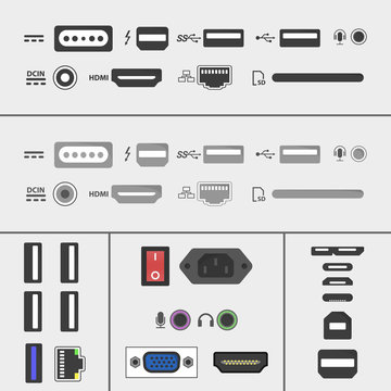 Laptop and PC connectors icons set. Power supply, USB, Ethernet, SD, HDMI, audio and video sockets. computer peripherals in flat design