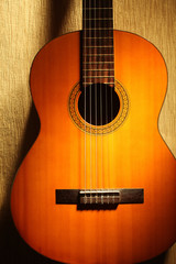 Acoustic guitar close up. Classical spanish guitar