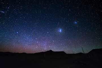 The majestic Magellanic Clouds, outstandingly bright, captured from the Andea highlands in Bolivia,...