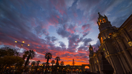 Cathedral of Arequipa, Peru, with stunning sky at dusk