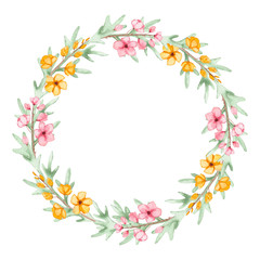 Floral Wreath With Watercolor Yellow And Pink Flowers
