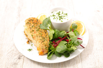 fried chicken fillet with salad and sauce