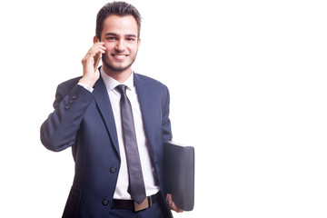 Happy businessman with phone and folder