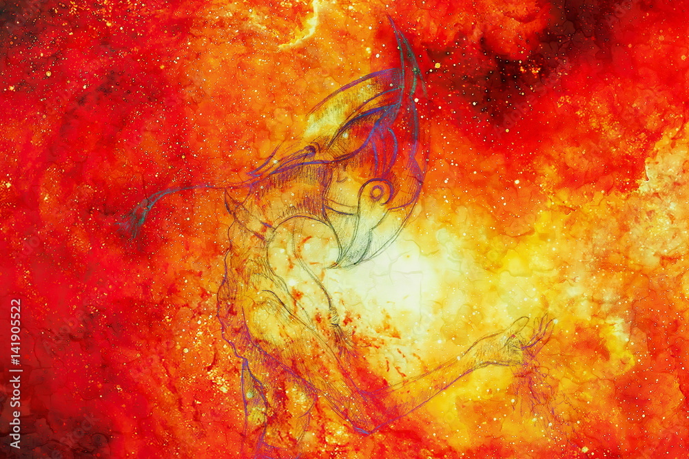 Poster allien creature with star dust in hand symbolizing finiteness and passing away of time.