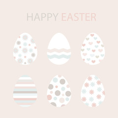 Set of Easter eggs. Zigzags, stripes, flowers, hearts, dots, waves pattern.