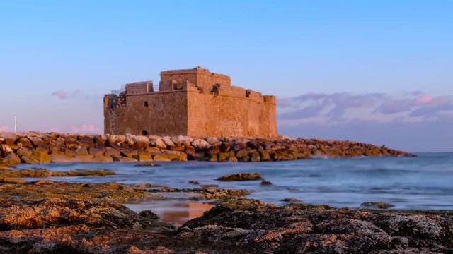 The video clip "Pafos Harbour Castle, also known as "Turkish Castle" in Pathos, Cyprus., tinted, Full HD, time-lapse